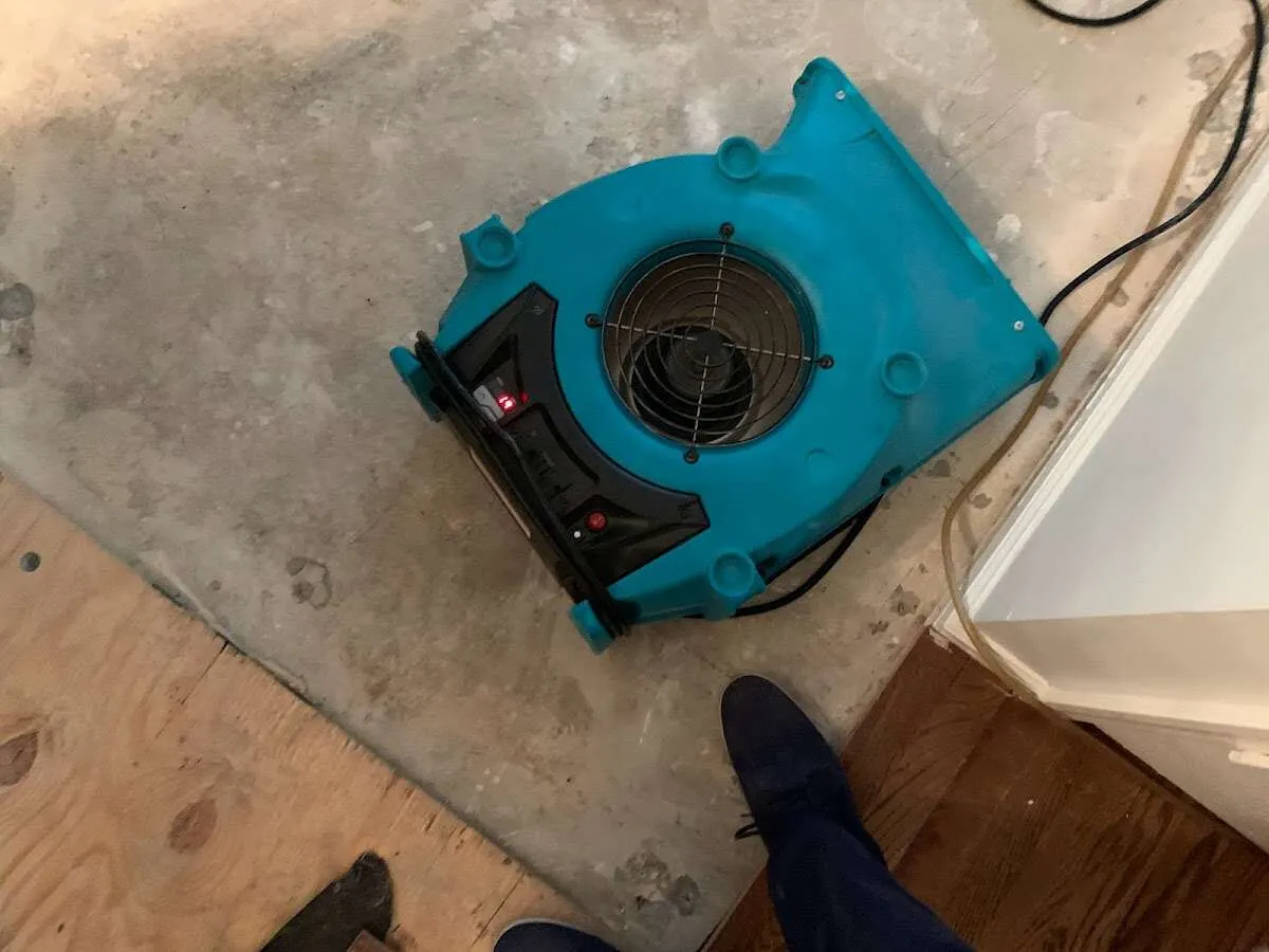 Air mover drying subfloor during Leak Detection & Repair in Big Rapids